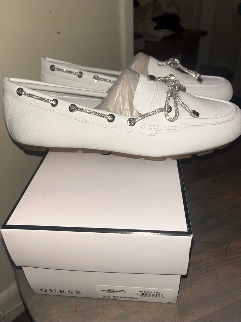 Guess White Leather Loafers with Silver Rope Accent